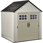 Rubbermaid Resin Outdoor Garden Storage Shed 7 x 7 ft, Sand - With Windows And Utility Hooks