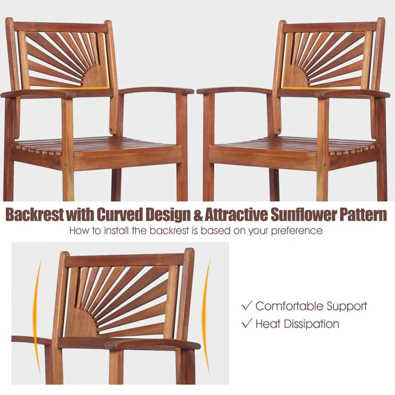 2-Pack Acacia Wood Outdoor Patio Bar Stools, Natural, 29in Seat Height - Sunflower Backrest