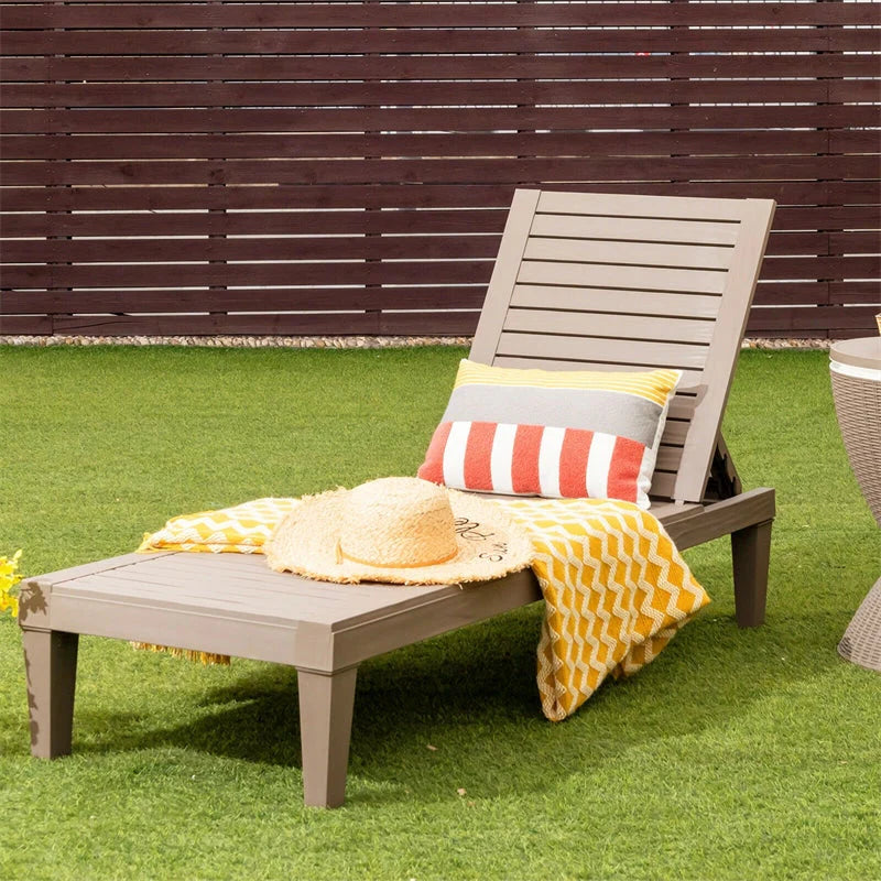 Outdoor Patio Chaise Lounge Chair Recliner - Adjustable 5 Positions, Wood Texture Design