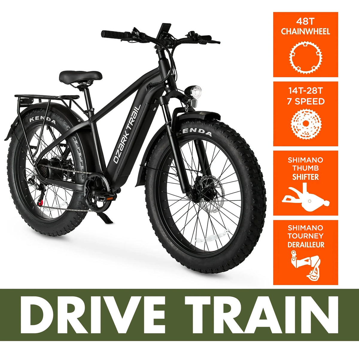 Ozark Trail Electric Fat Tire Bike, 26in, 48V, Class 2, Black, Fits Riders 5ft 2in - 6ft 1in - M.3 Ranger+
