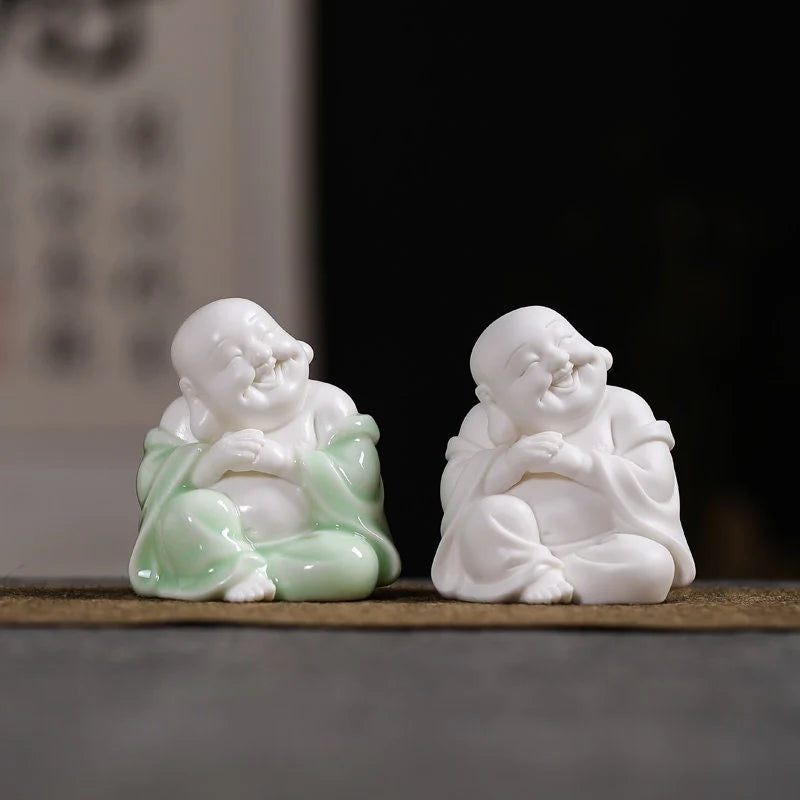 Handmade Clay Laughing Buddha Statue Ornament, White or Green - 9.5cm