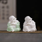 Handmade Clay Laughing Buddha Statue Ornament, White or Green - 9.5cm
