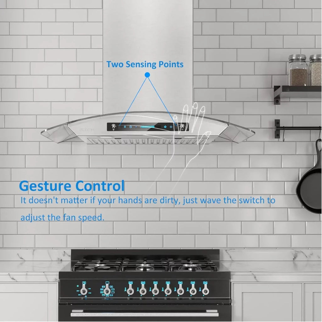 IKTCH Wall Mount Range Hood 30 Inch Tempered Glass Stainless Steel, 900 CFM - IKP03-30