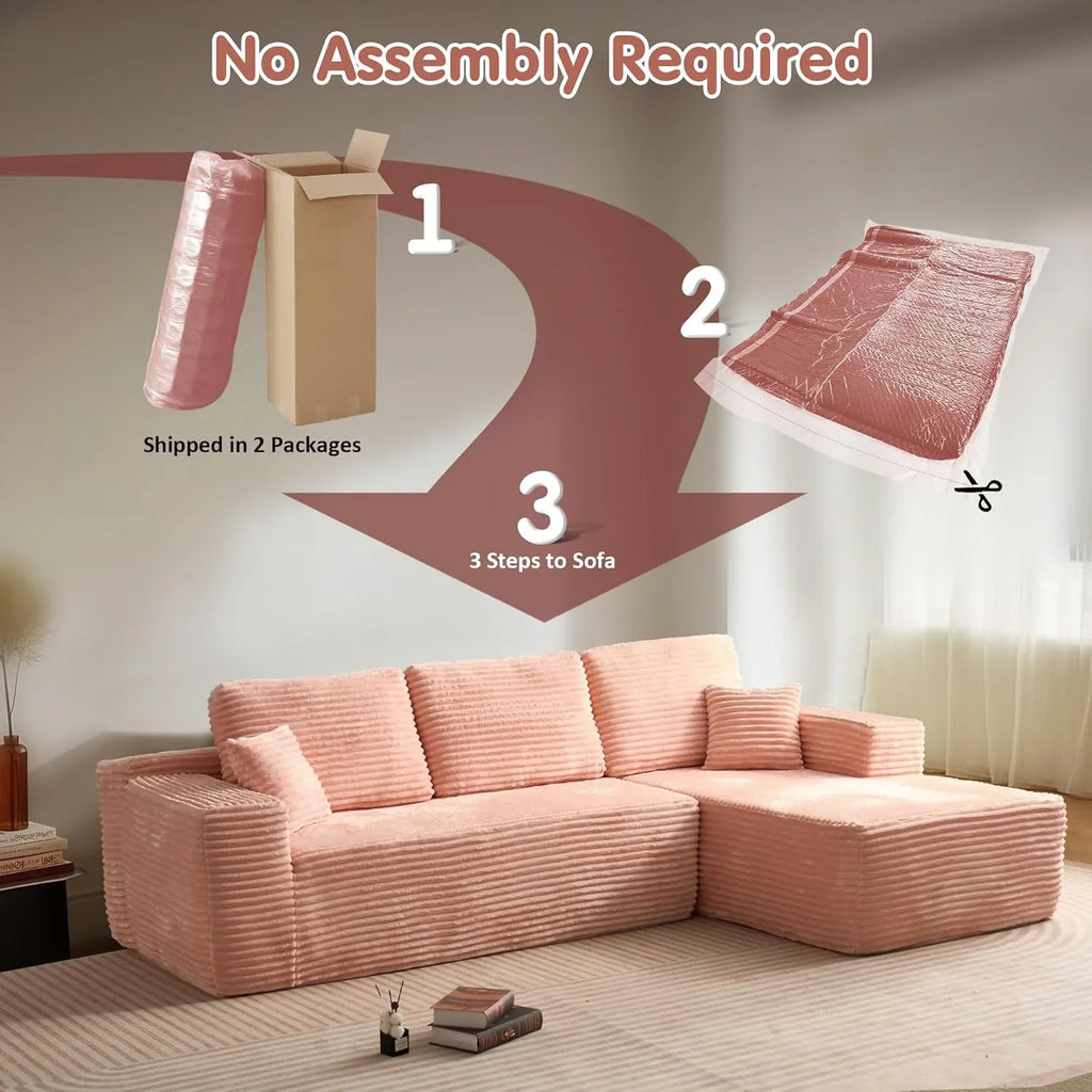 ovios 104in L-Shape Sectional Sofa With Chaise, Grey Plush Corduroy Fabric