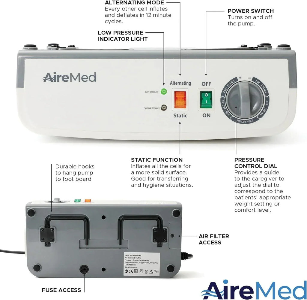 Airmed Low Air Loss Alternating Pressure Mattress Overlay, 5in - Advanced Pump With Static Function