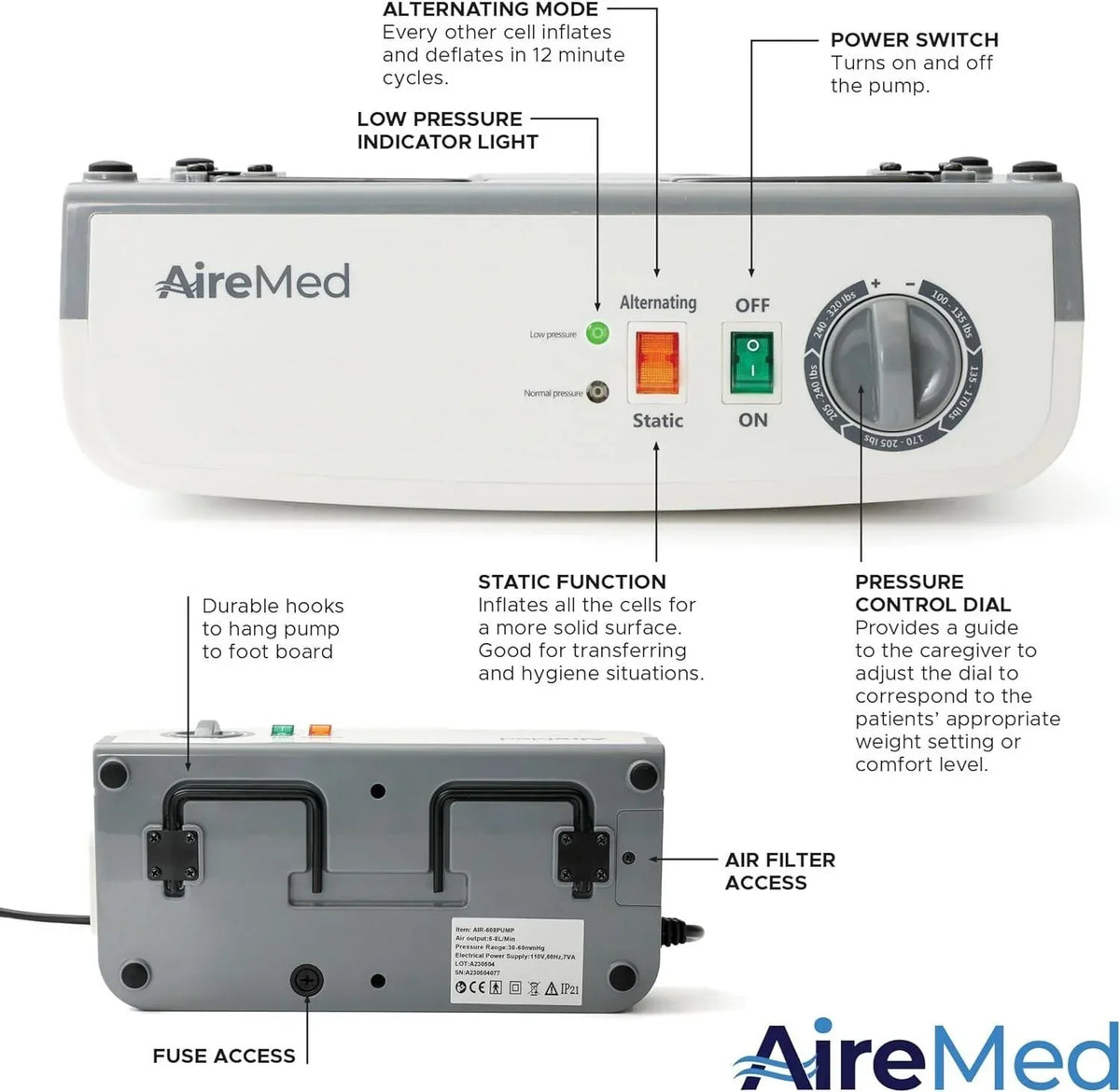 Airmed Low Air Loss Alternating Pressure Mattress Overlay, 5in - Advanced Pump With Static Function