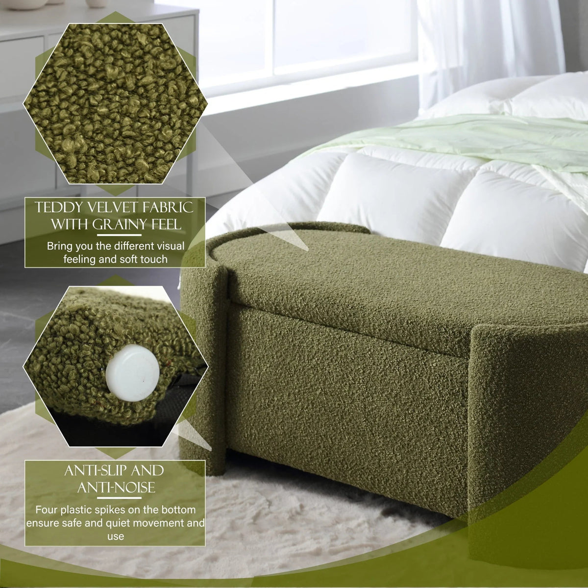KINFFICT Velvet Upholstered Storage Ottoman Bench, 43.3 inch, Green