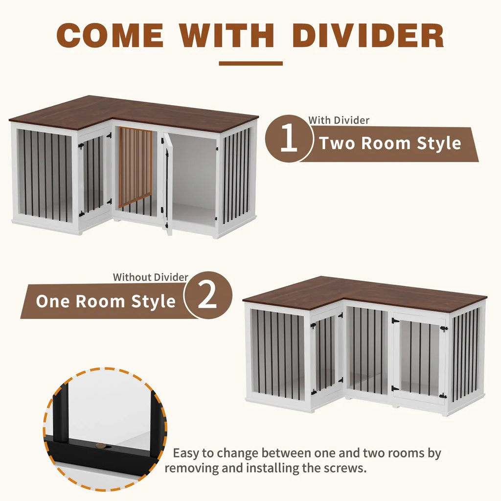L Shape Corner Dog Crate Furniture For 2 Dogs, 58.7X41.1