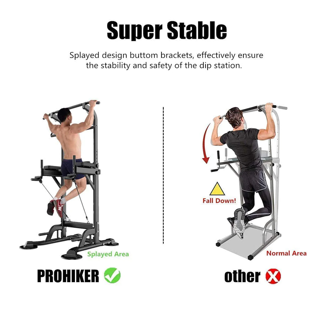 PROHIKER Power Tower Dip Station With Backrest And Resistance Band, Black