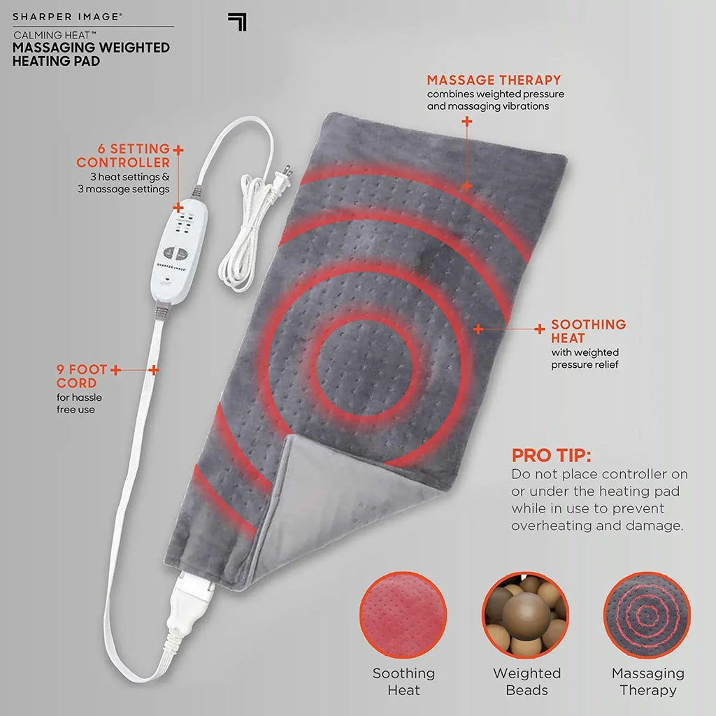 Sharper Image Calming Comfort Heat Massaging Weighted Heating Pad With Vibration, 12 Settings, 12 x 24 in, 4 lbs