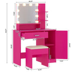 Ktaxon Vanity Makeup Table With Stool, 3-Color Lighted Mirror, 3 Shelves, Drawers, White - 35.43 x 15.55 x 29.53-53.27 in