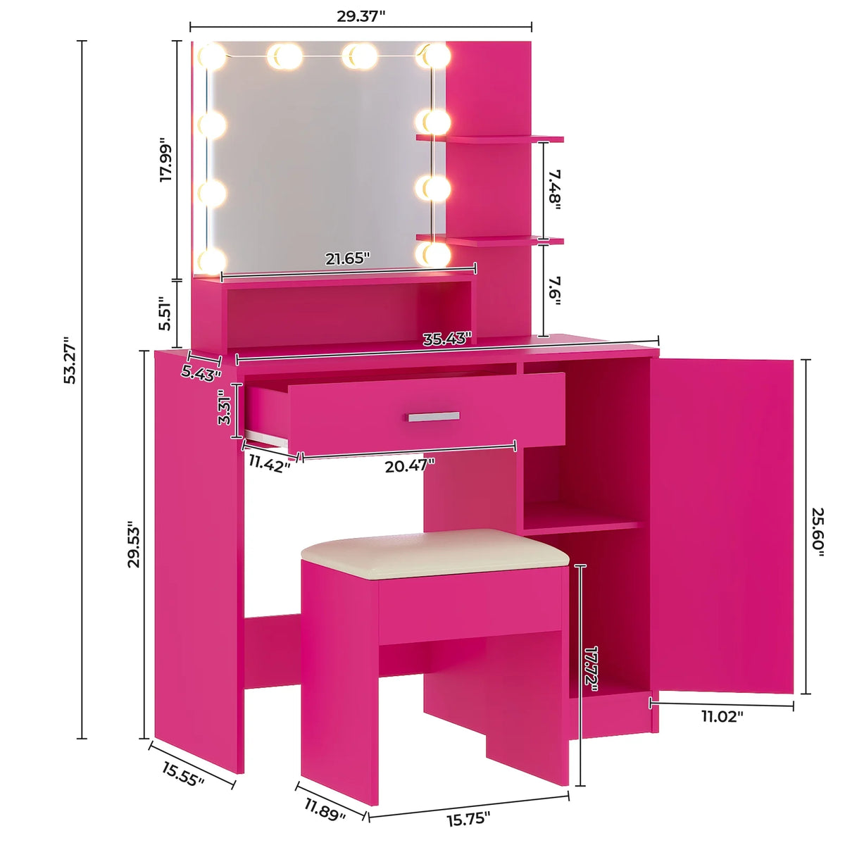 Ktaxon Vanity Makeup Table With Stool, 3-Color Lighted Mirror, 3 Shelves, Drawers, White - 35.43 x 15.55 x 29.53-53.27 in
