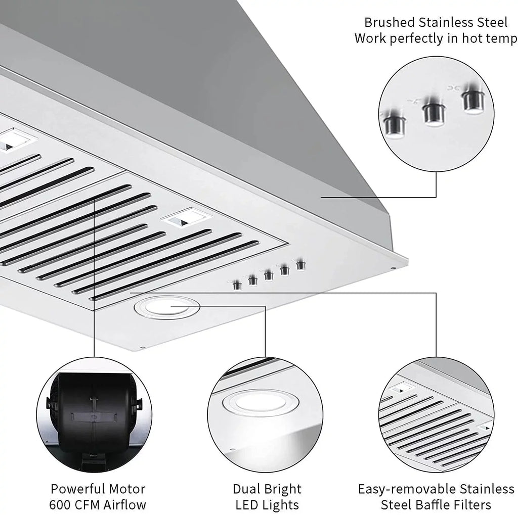 Range Hood 30 inch Built-In Insert Vent Hood, 600 CFM, Stainless Steel