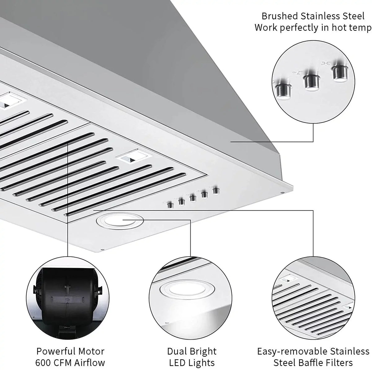 Range Hood 30 inch Built-In Insert Vent Hood, 600 CFM, Stainless Steel