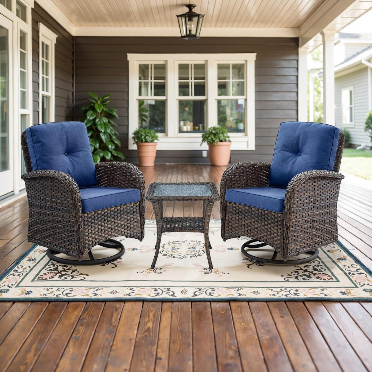 Belord 3-Piece Patio Swivel Rocking Chair Set With Side Table - Brown/Blue