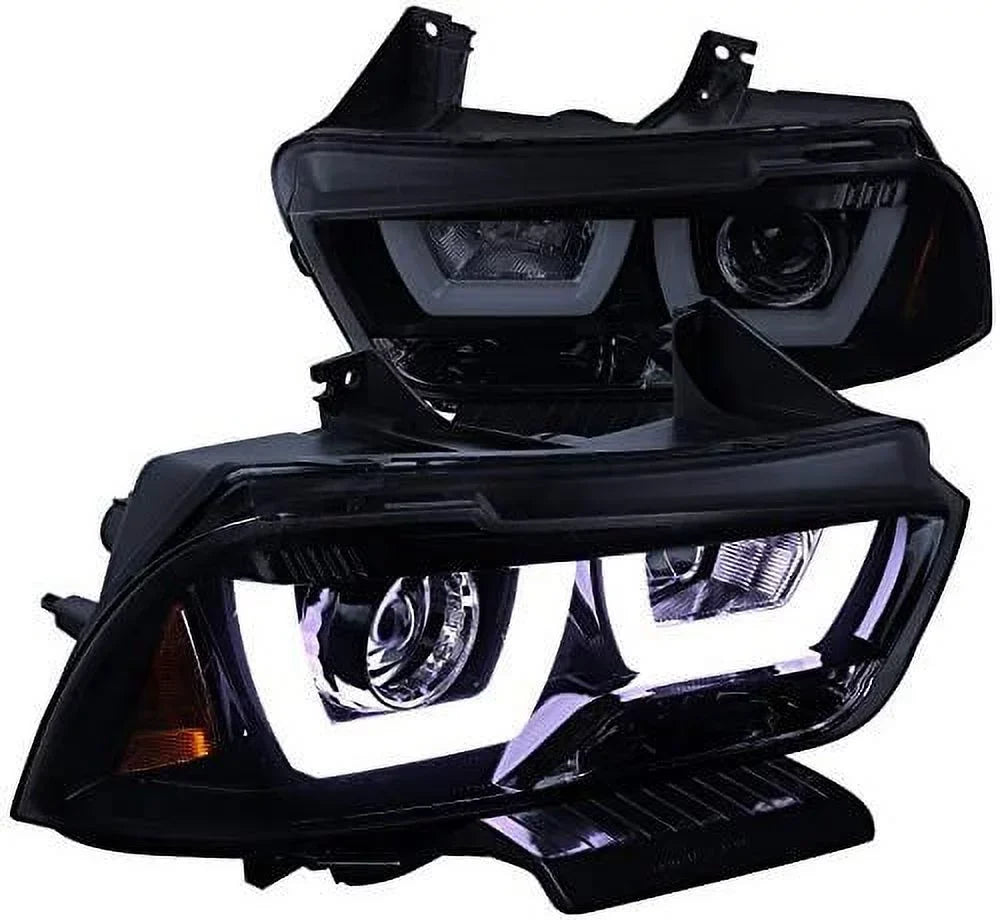 DRL LED Light Bar Projector Headlights, 1 Pair, Gloss Black Housing, Smoke Lens - 2011-2014 Dodge Charger