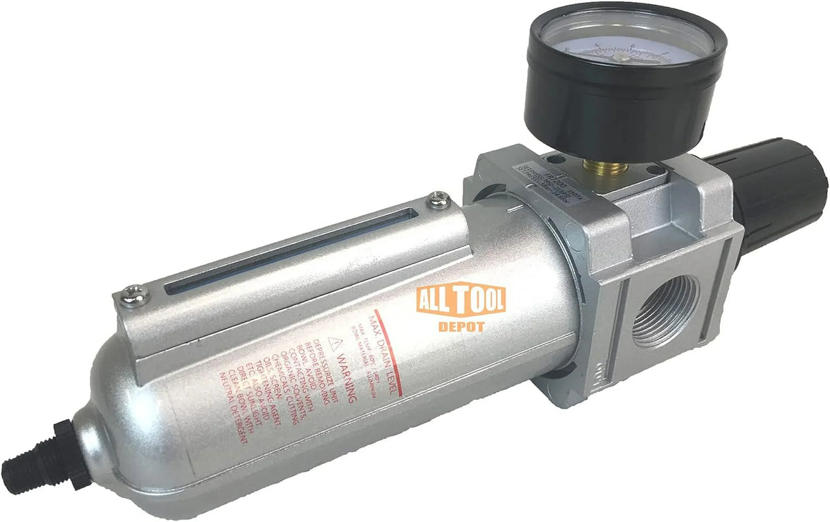 Compressed Air Inline Filter Regulator Combo, Metal Bowl, 5 Micron, 7 To 175 PSI, Auto Drain