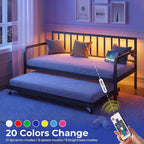 Metal Height-Adjustable Daybed With Pop-Up Trundle, LED Light And Charging Station - Black