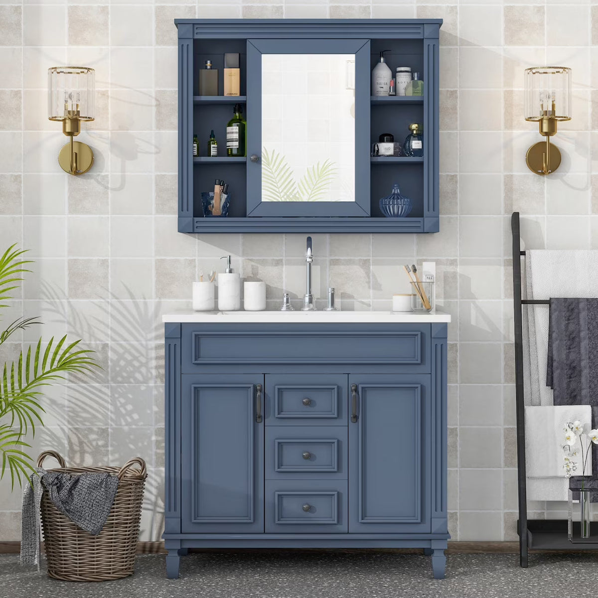 36'' Bathroom Vanity Set With Ceramic Sink Top, Mirror Cabinet, 2 Doors And 2 Drawers - Gray