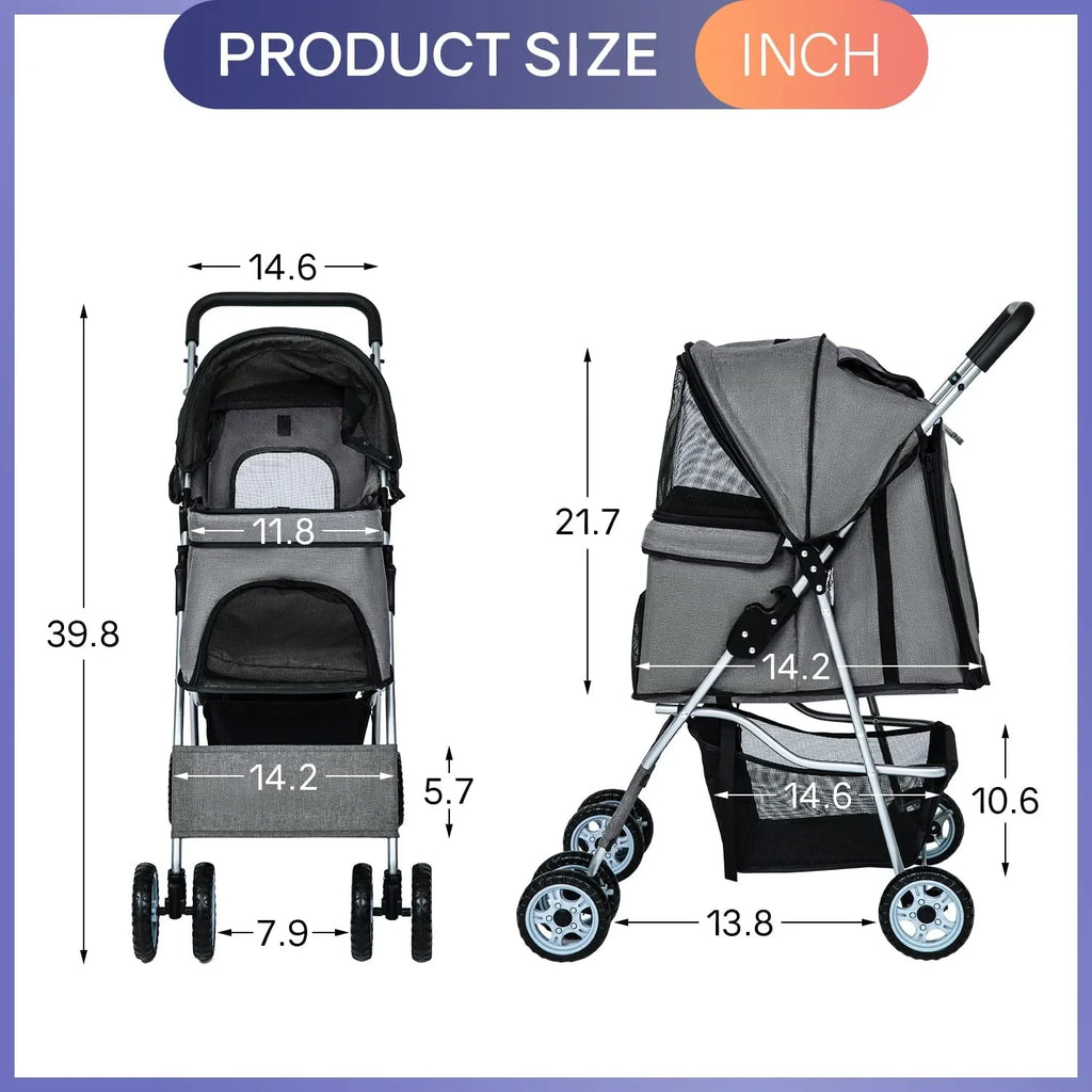 NiamVelo 4-Wheel Foldable Pet Stroller With Cup Holders And Storage Basket - 30 LBS Capacity