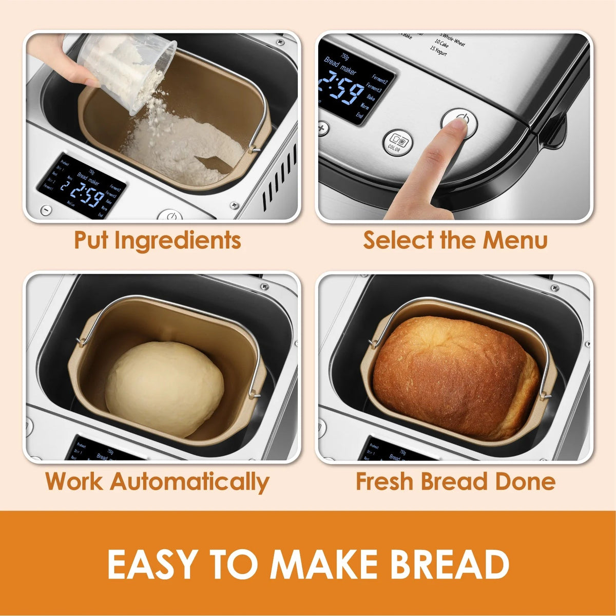 Kitchen in the box 15-in-1 Bread Machine, 2LB Stainless Steel, Silver