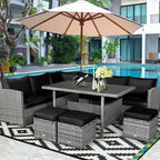 7-Piece Rattan Patio Dining Set With 3 Corner Chairs, 3 Ottomans And Table
