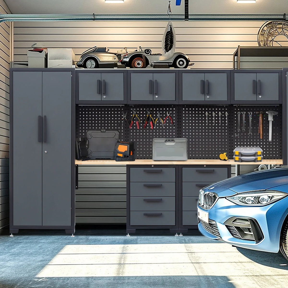 HPDMC 7-Piece Metal Garage Cabinet System With 4-Drawer Roller Cabinet, 47.2 in Workbench And Pegboards