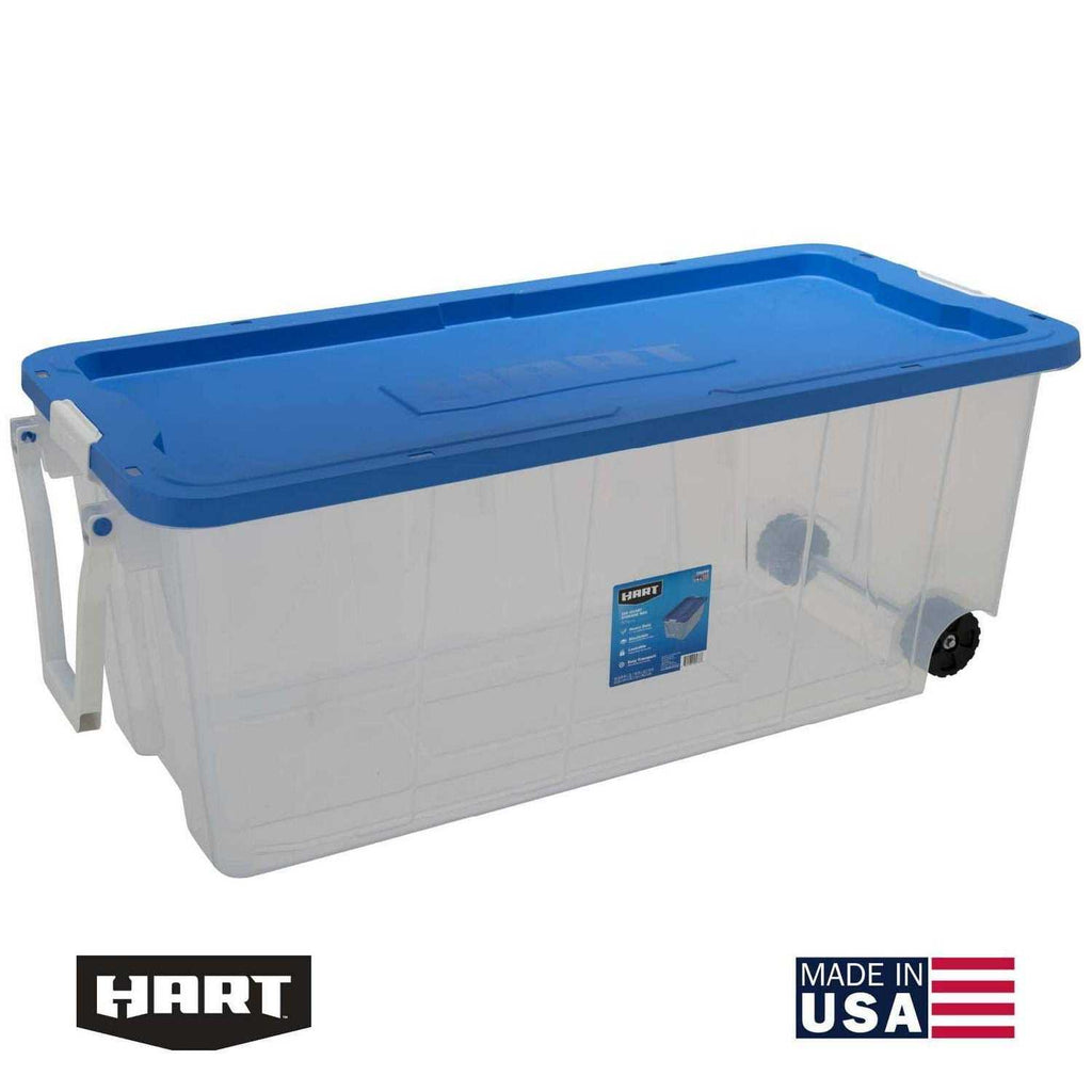 HART 200 Quart Latching Rolling Plastic Storage Bin Container With Pull Handle - Clear