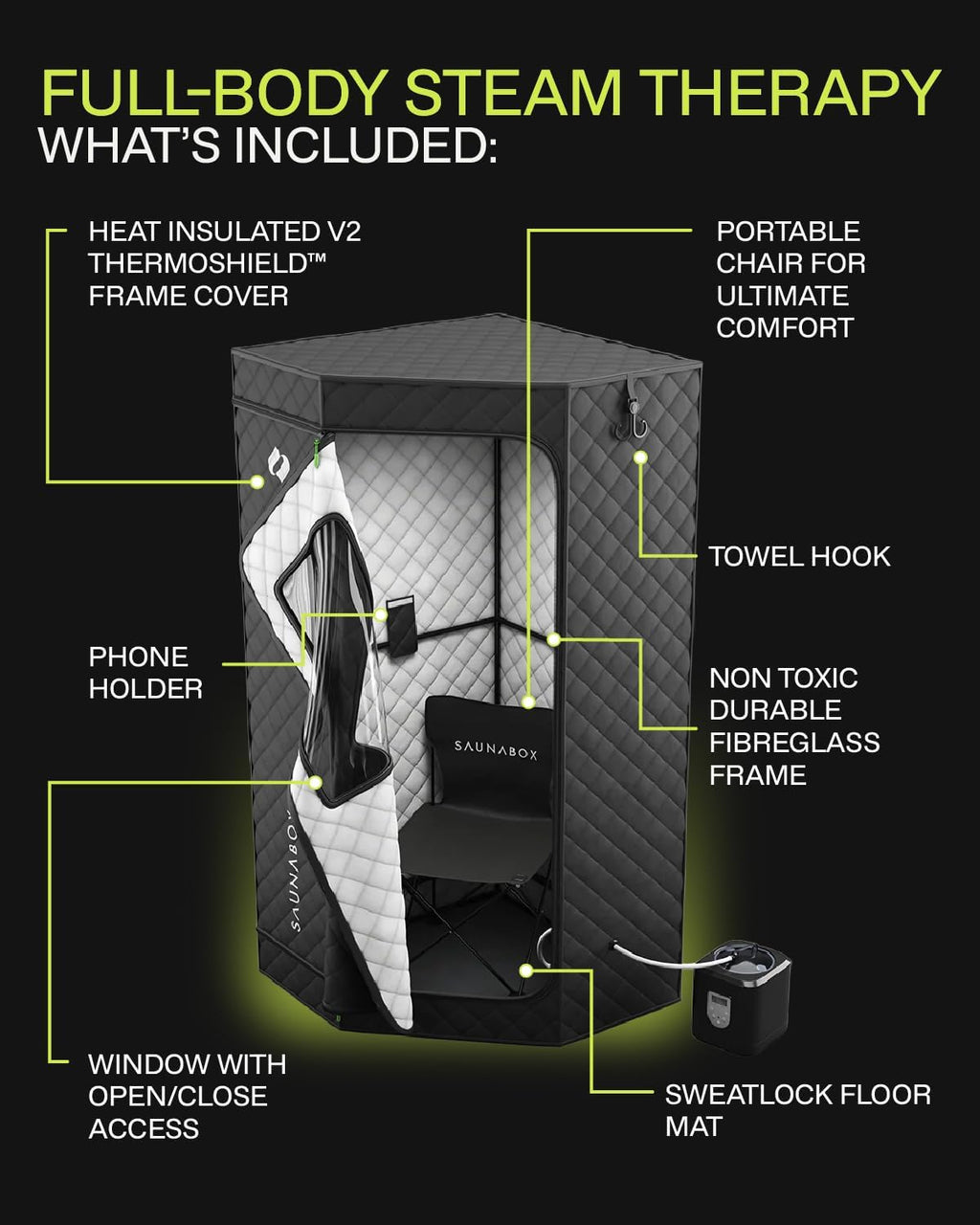 SAUNABOX Personal Steam Sauna Tent With Chair Mat And Case - SmartSteam Kit Pro