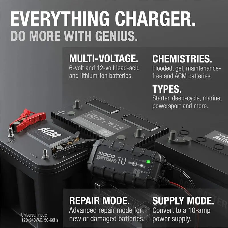 NOCO GENIUS10 10A 6V/12V Smart Battery Charger, Maintainer And Desulfator - GENIUS10