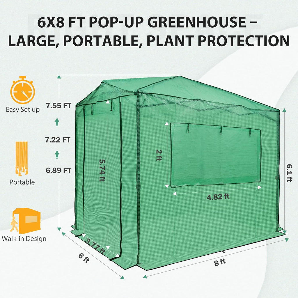 EAGLE PEAK Instant Pop-Up Walk-In Greenhouse, 8x6 ft, Green/Clear PE Cover