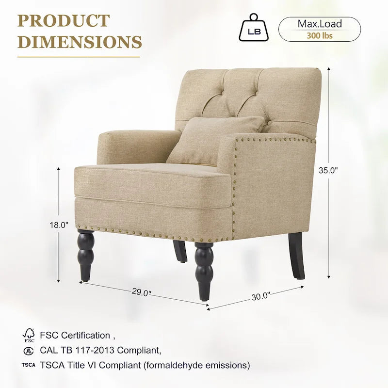 Set Of 2 Upholstered Button-Tufted Accent Chairs With Lumbar Pillows - 30 x 29 x 35 inches