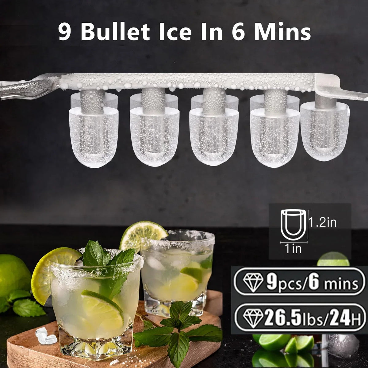 Joy Pebble Countertop Bullet Ice Maker With Handle, 9 Ice Cubes in 6 Mins, 26Lbs/24H