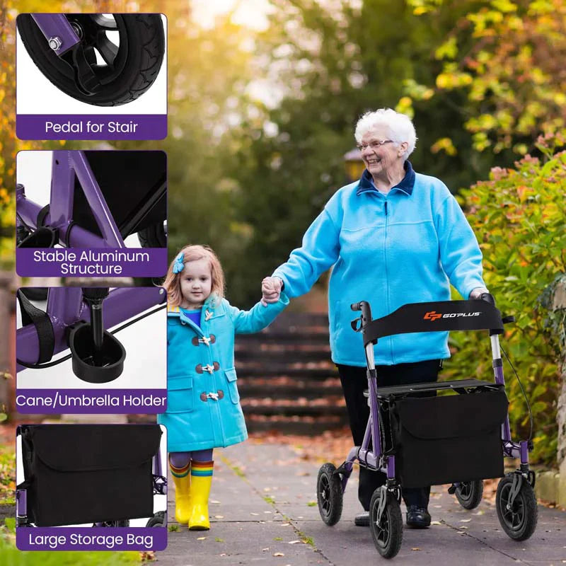 Foldable Rolling Rollator Walker With Seat, 9.5 Inch Pneumatic Wheels