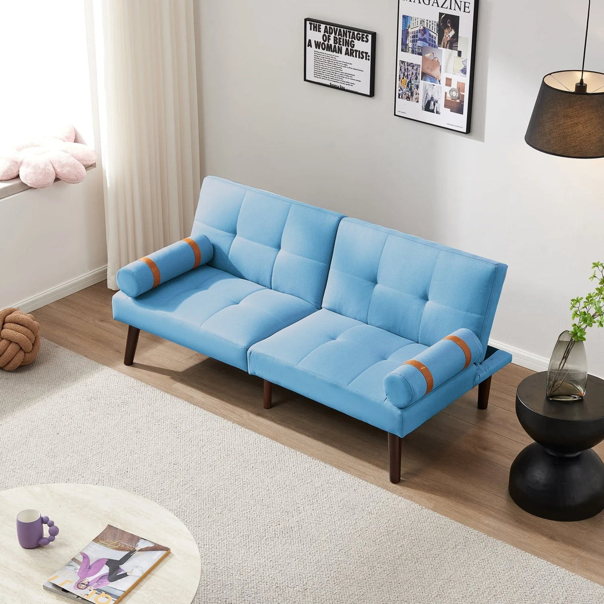 Blue Linen Convertible Futon Sofa Bed With Solid Wood Legs - 65.7in L x 32.2in W x 30in H