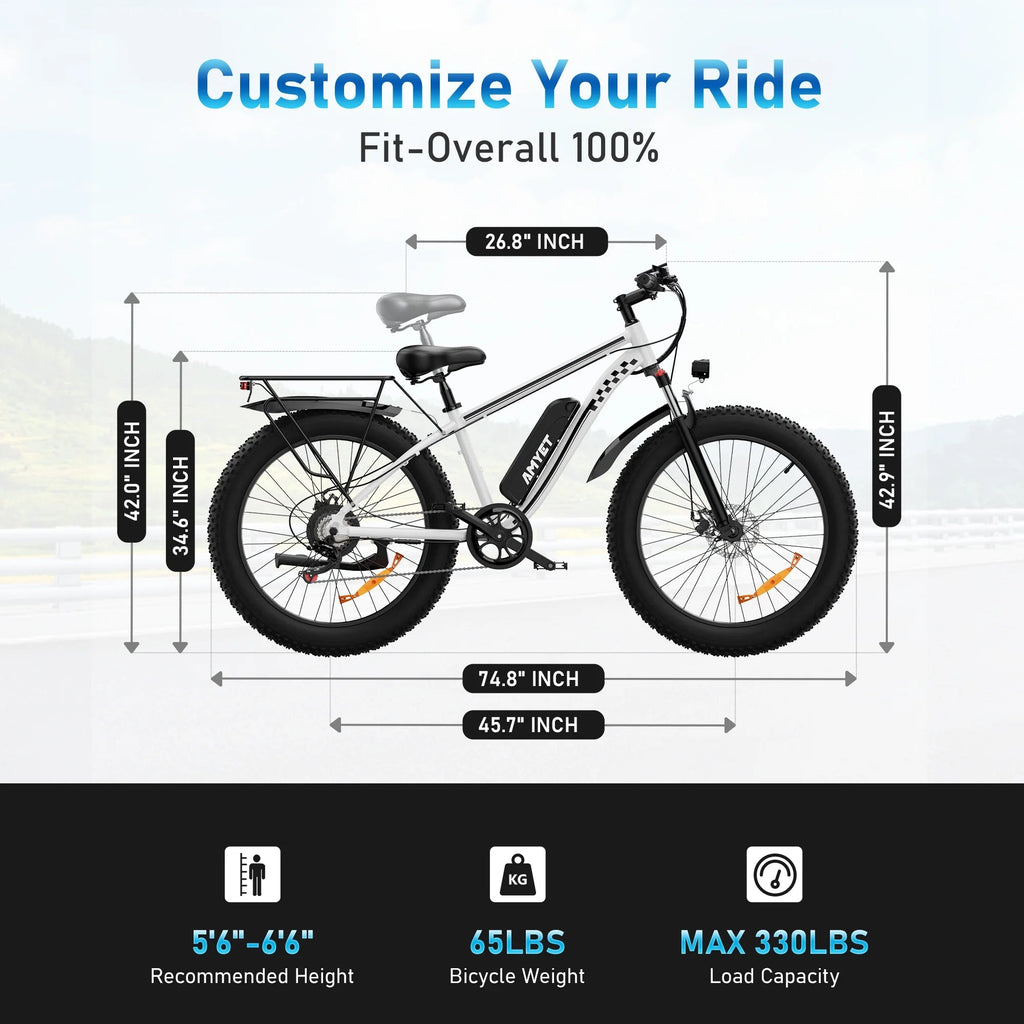 AMYET 26 x 4 Fat Tire Electric Mountain Bike, 48V 15Ah, 7-Speed - EB26