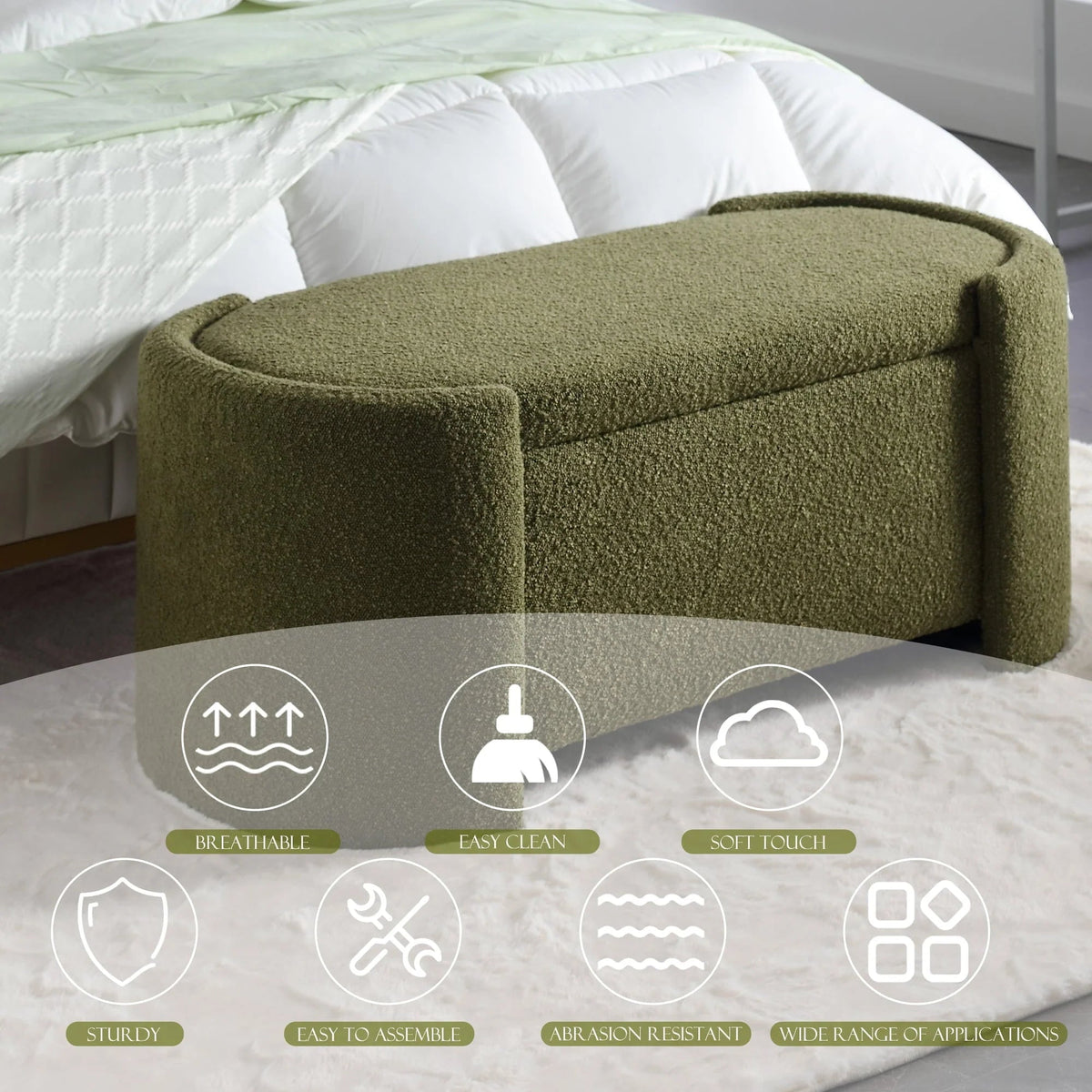 KINFFICT Velvet Upholstered Storage Ottoman Bench, 43.3 inch, Green