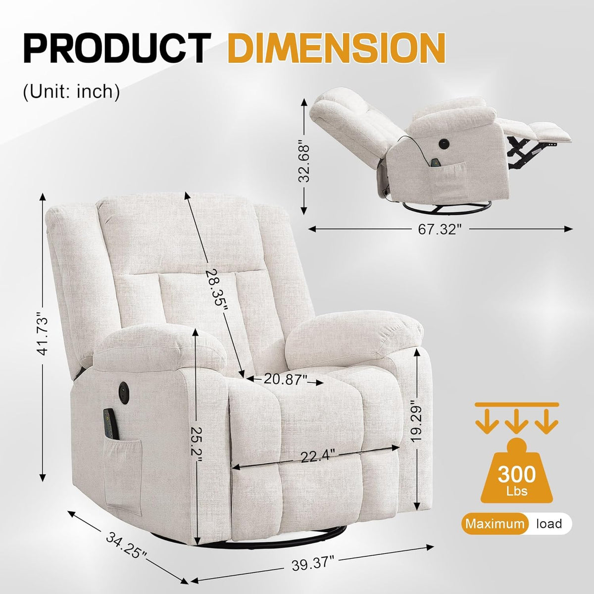 Korser Swivel Rocker Recliner Chair With Massage, Heating, USB Charging And Storage