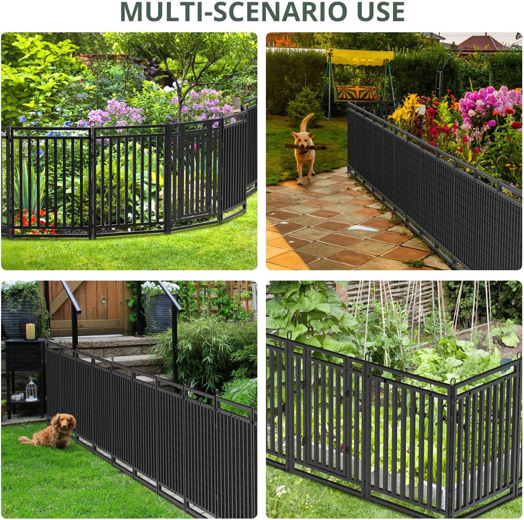 Decorative Metal Garden Fence 92ft L x 40in H, 35 Panels + 5 Gates, Black-Silver