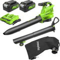 Greenworks 48V (24V x 2) Cordless Brushless Leaf Blower Vacuum Mulcher, 520 CFM / 240 MPH With 2 4.0Ah Batteries And Dual Port Charger