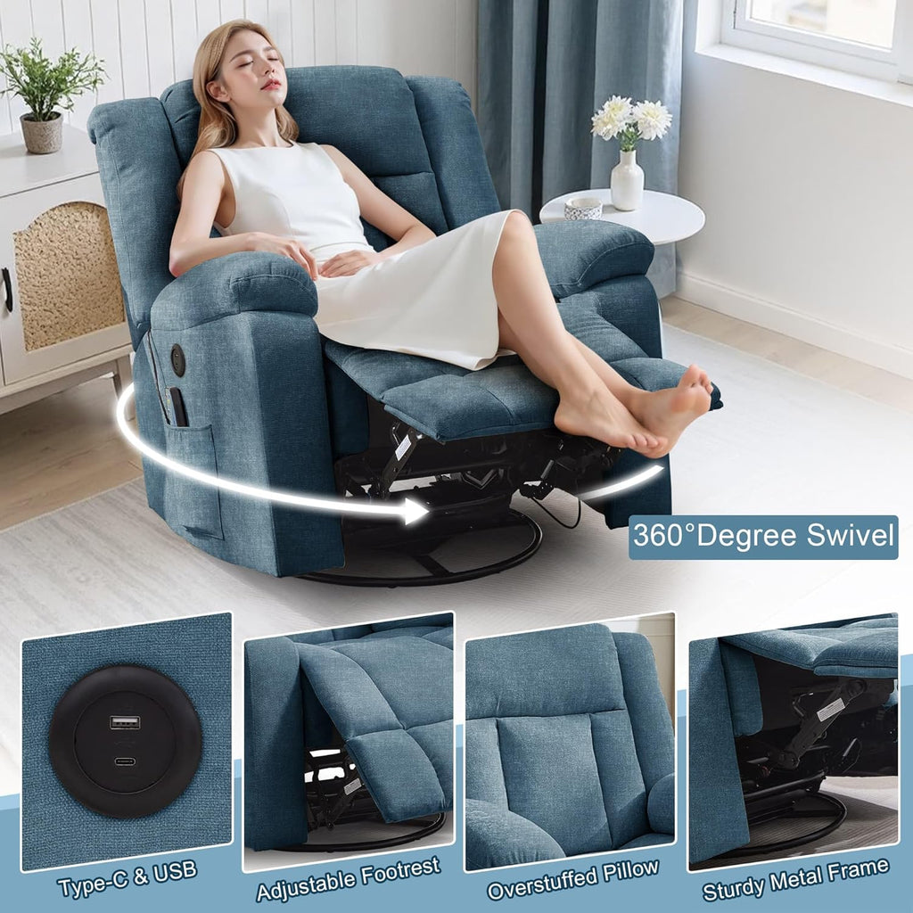 Korser Swivel Rocker Recliner Chair With Massage, Heating, USB Charging And Storage