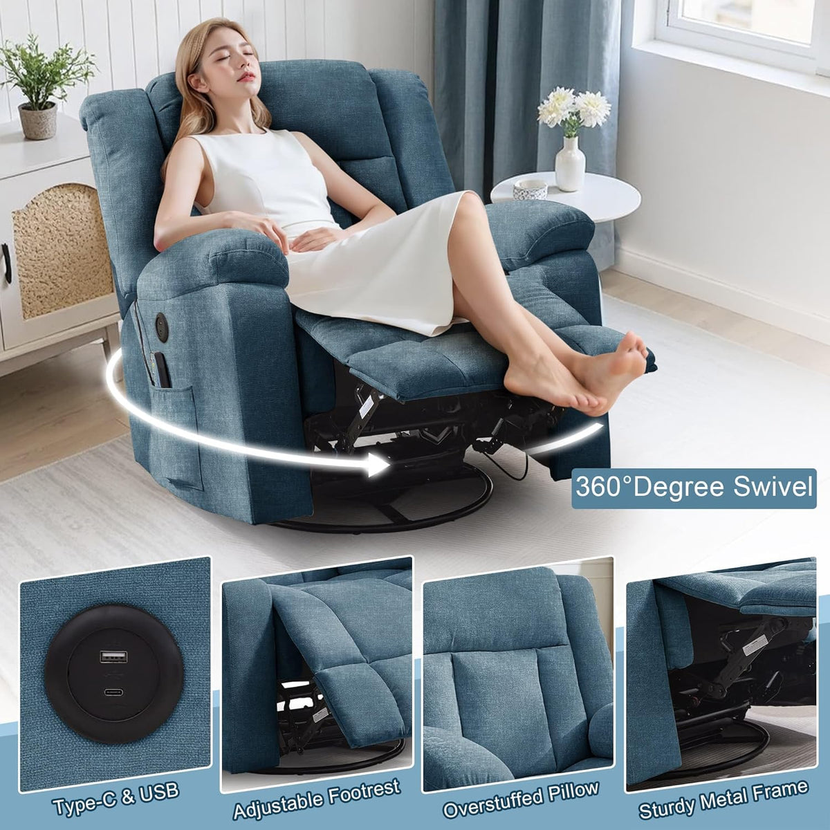 Korser Swivel Rocker Recliner Chair With Massage, Heating, USB Charging And Storage