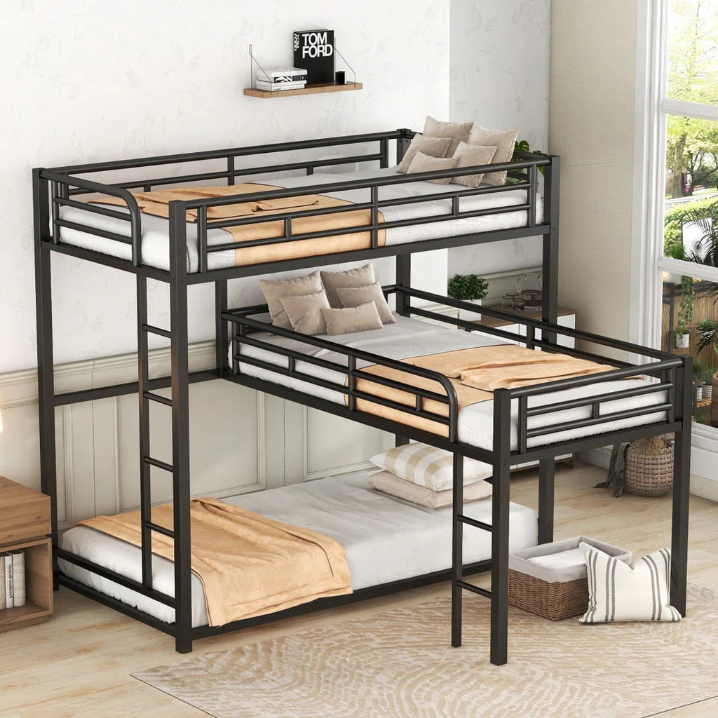 L-Shaped Metal Triple Twin Bunk Bed For 3, Black