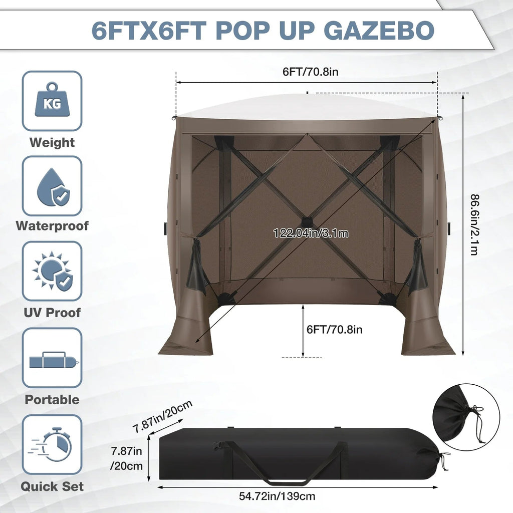 Hoteel Outdoor Pop-Up Gazebo Screen House 6x6ft With 4 Sidewalls And Mosquito Netting - Brown