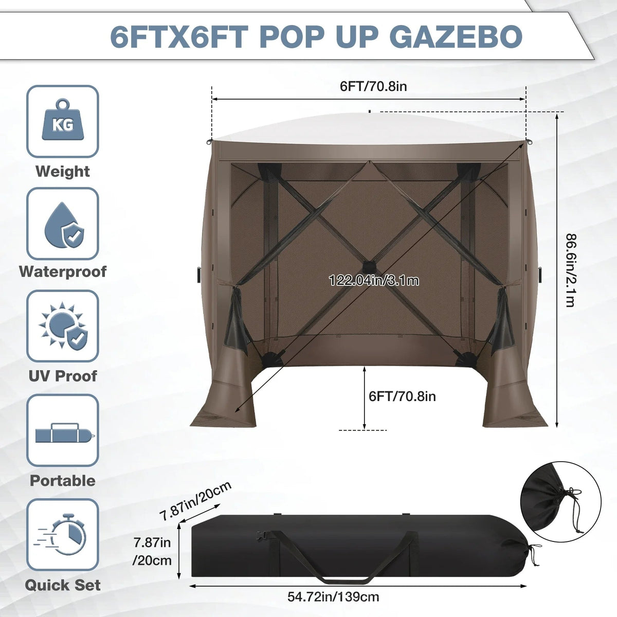 Hoteel Outdoor Pop-Up Gazebo Screen House 6x6ft With 4 Sidewalls And Mosquito Netting - Brown