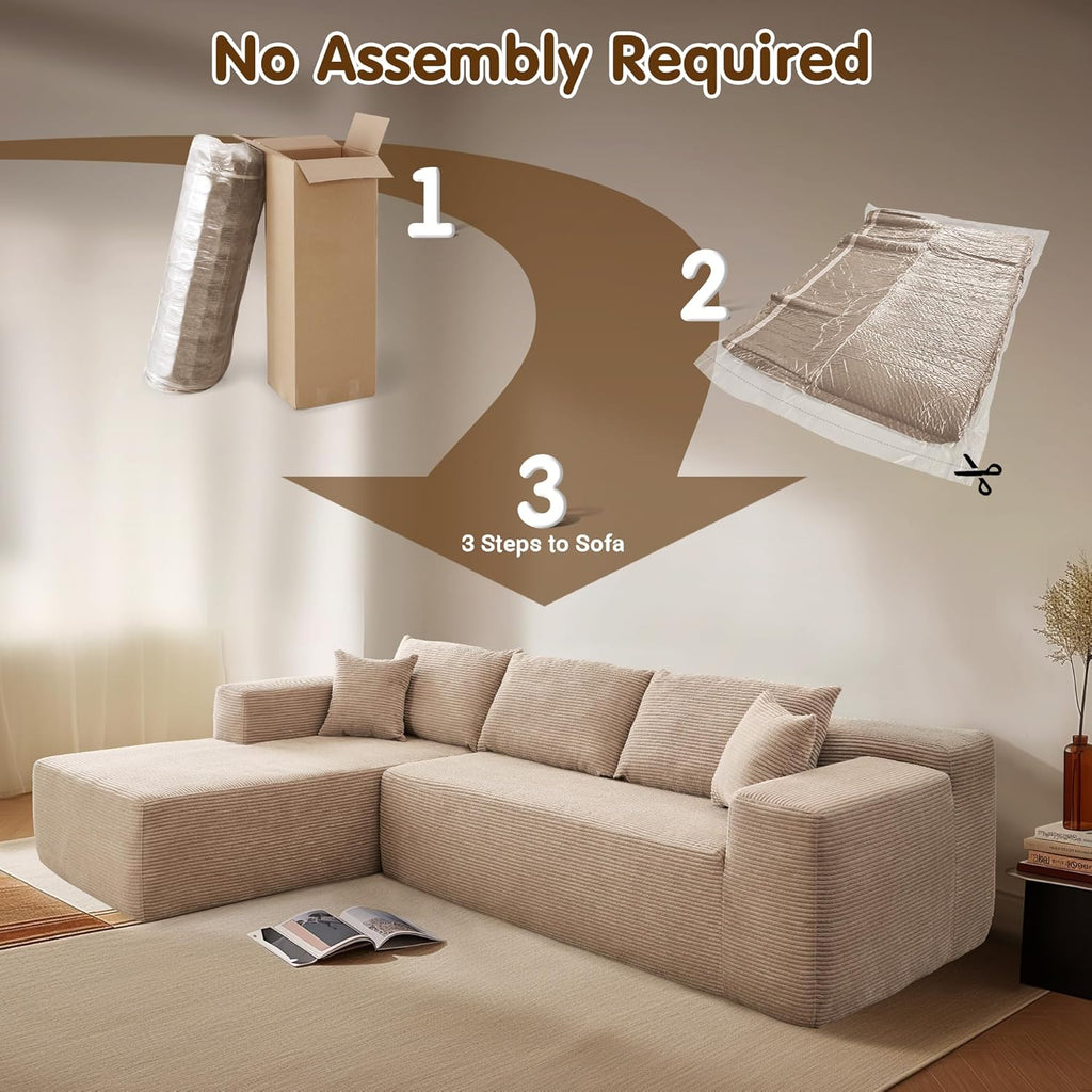 ovios 104in L-Shape Sectional Sofa With Chaise, Grey Plush Corduroy Fabric