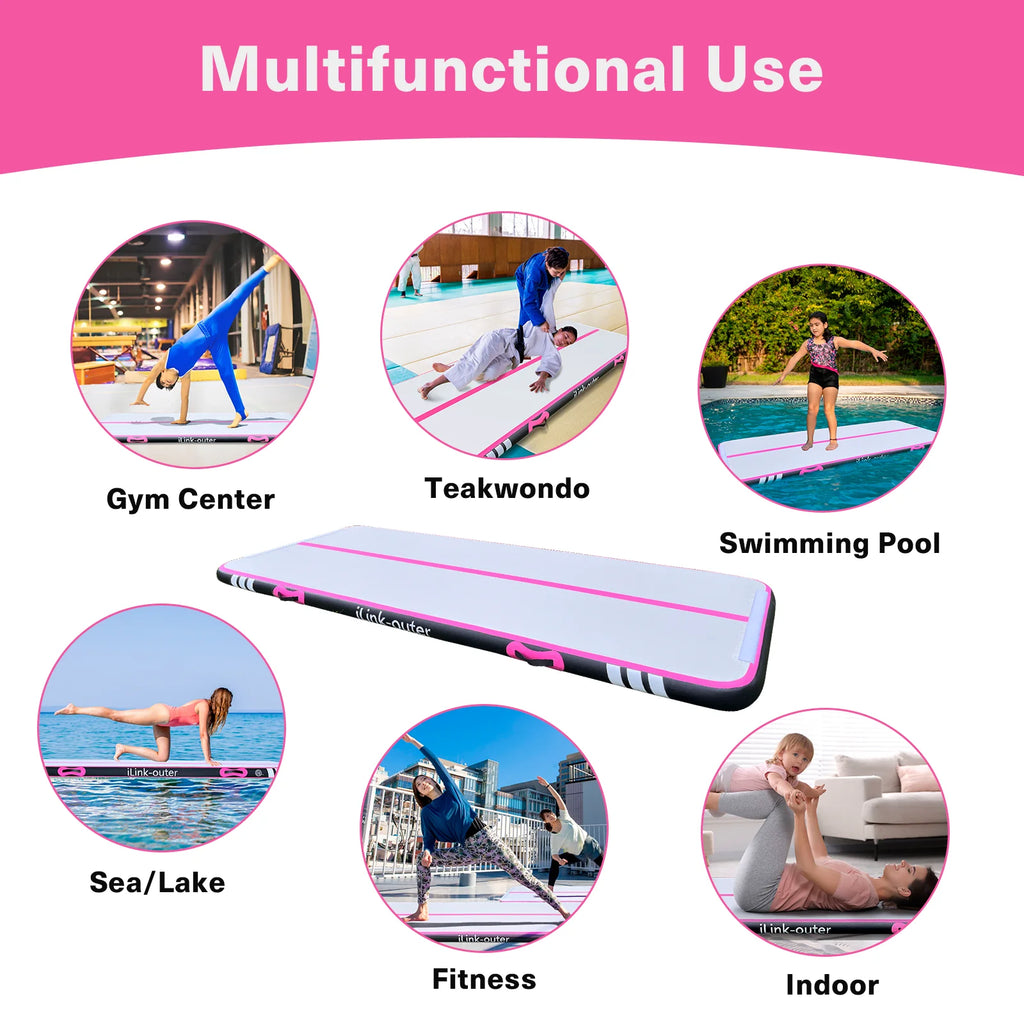 Air Track 10FT Inflatable Gymnastics Mat With Roller and Electric Pump - Black/Pink, 4in