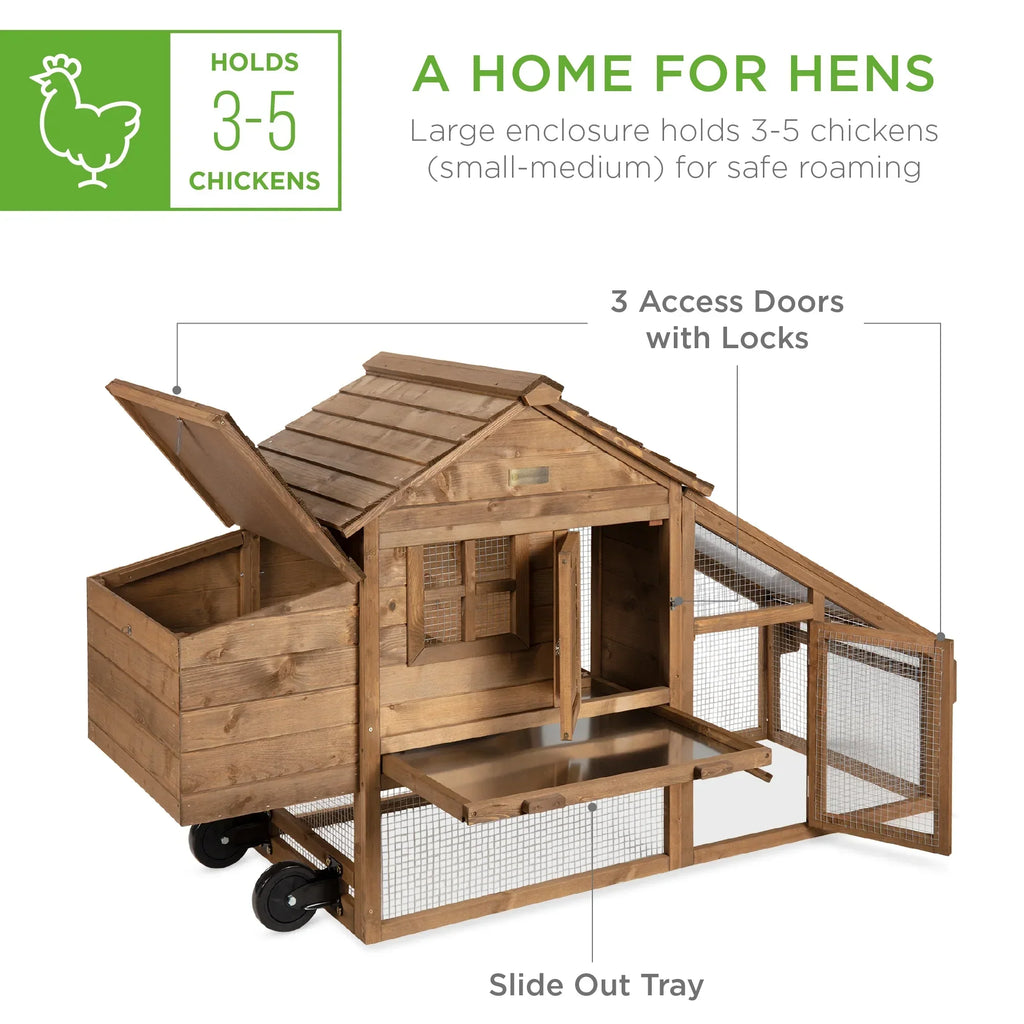 Best Choice Products Mobile Fir Wood Chicken Coop Tractor, 70in, Wheels, 2 Doors, Nest Box, Removable Tray