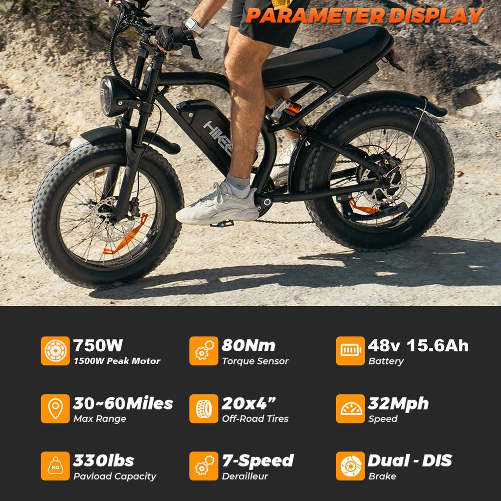 HiKeep Adult Fat Tire Electric Bike, 20 inch, 1500W Peak, 48V 15Ah, Black - K6-L-1.0