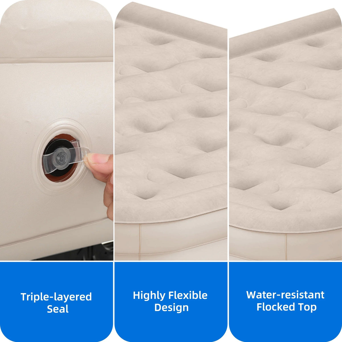 Dextrus Inflatable Queen Air Mattress With Built-In Pump, Steel Frame, Velvet Surface, Khaki